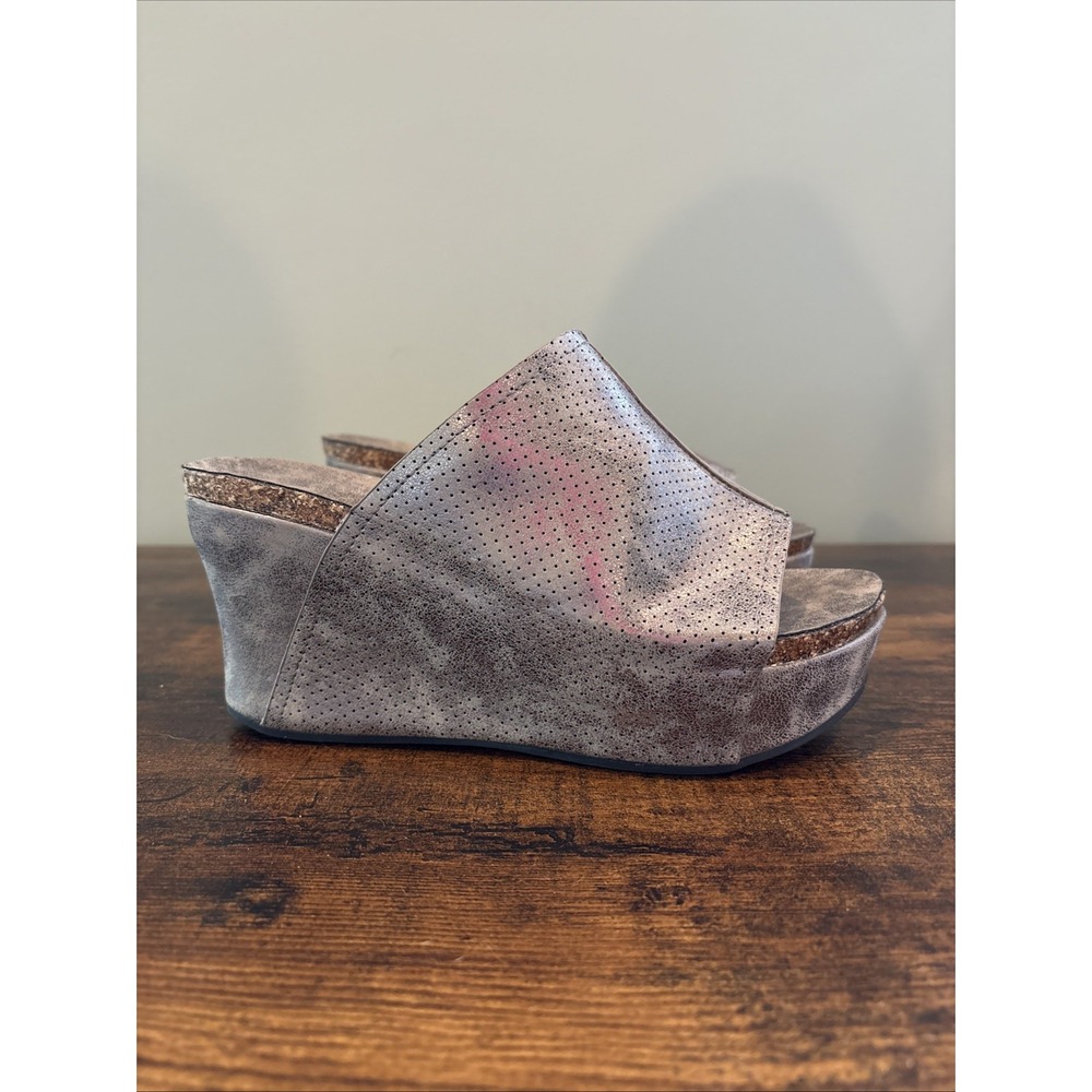 Pierre Dumas Platform Wedge Open Toe Sandals Bronze Silver Size 8.5 Lug Chunky